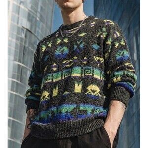 Vintage 90s Men’s M Crew Neck Sweater Fuzzy Gray With Geometric Arcade Print